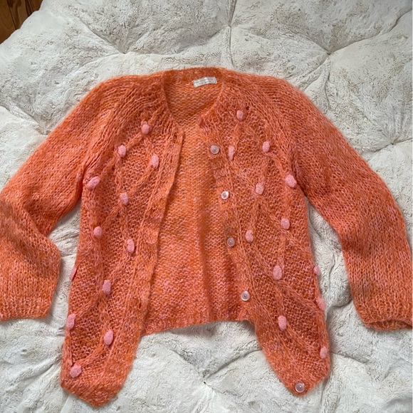 Handmade in Italy Vintage Cardigan in Tangerine orange with Pink Florets sweet! - Picture 5 of 7